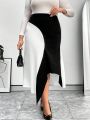 SHEIN Privé Plus Size Women'S Contrast Color Irregular Hem Skirt