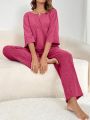 Women's Knitted Top With 3/4 Sleeves And Long Pants Home Clothing Set