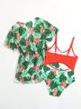 Toddler Girls Tropical Print Cut Out One Piece Swimsuit With Kimono