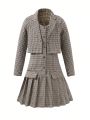 SHEIN Kids Nujoom Tween Girls Plaid Suit Jacket & Spaghetti Strap Pleated Skirt Set