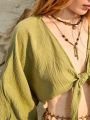 SHEIN BohoFeels Solid Color Twist Front Vacation Style Ultra Crop Blouse With Long Sleeves