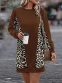 Leopard Patchwork Fleece Hooded Sweatshirt Dress