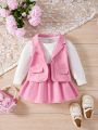Baby Girls' Solid Color Woolen Vest With Color-Contrasting Dress Set