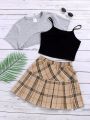 SHEIN Teen Girls' High-Low Hem T-Shirt, Camisole, Plaid Skirt, School Style Outfits