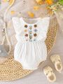 Infant Girls' Cute Embroidered Flower Romper With Ruffled Edge