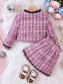 SHEIN Kids CHARMNG Young Girl Plaid Print Contrast Trim Jacket & Skirt & Bow Tie