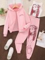 3pcs Teenage Girls' Casual Hoodie With Printed Long Sleeve And Zipper Closure, And Sports Pants Set, Autumn/Winter