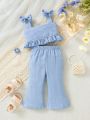 Baby Girl Fresh Soft Comfortable Light Blue Set With Bow Decoration, Flounce Hem Wide Strap Top And Pants, Cute And Trendy Outfits