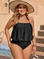 SHEIN Swim Classy Plus Size One-piece Swimsuit With Round Ring Decoration And Halter Neck