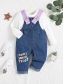 SHEIN Baby Girls' Rainbow Printed Denim Loose Fit Romper With Buttons