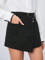 SHEIN BIZwear Women's Solid Color Button Detail Patch Pocket Shorts