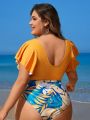 SHEIN Swim Vcay Plus Size Women's One-Piece Swimsuit With Twist Knot Butterfly Sleeves