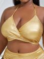 SHEIN Swim SXY Plus Size Metal Cross Front Wrap Swimwear Top