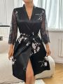 Floral Print Contrast Lace Belted Satin Robe