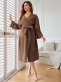 Teddy Bear Design Belted Drop Shoulder Long Robe