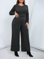 SHEIN Essnce Women'S Plus Size Round Neck Long Sleeve T-Shirt And Wide Leg Pants Two Piece Set