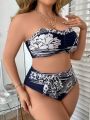 SHEIN Swim Chicsea Plus Size Women'S Floral Printed Bandeau Bikini Swimsuit Set