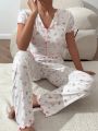 Women's Floral Print Pajama Set With Colorblocked Details