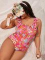 SHEIN Swim Mod Plus Size Women's Floral Print One-Piece Swimsuit With Ruffle Hem