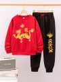 SHEIN Kids EVRYDAY Boys' Loose Casual Round Neck Patterned Sweatshirt And Sweatpants Two-Piece Set