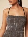 Mienne Lace Up Backless Sequin Flare Leg Mesh Cami Jumpsuit