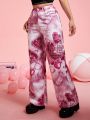 SHEIN PETITE Women's Heart Letter Print Casual Denim-Like Pants