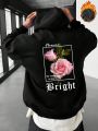 Men Floral & Letter Graphic Drawstring Thermal Lined Hoodie