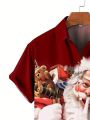 Men's Plus Size Short-sleeved Shirt With Santa Claus Print And Turn-down Collar For Christmas