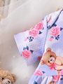 SHEIN Infant Baby Girls' Cute Cartoon Bear & Flower Print Short Sleeve Dress For Newborns