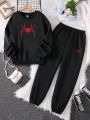 2pcs/set Teenage Girls' Spider Printed Sweatshirt And Pants