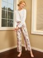 Solid Round Neck Top & Floral & Tropical Print Pants PJ Set
