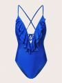 SHEIN Swim Chicsea Deep V-neck Ruffle Trim One-piece Bikini Swimsuit