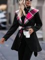 Plaid-Lined Belted Hooded Overcoat