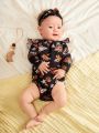 SHEIN Newborn Baby Girls' Ruffled Round Neck Long Sleeve Jumpsuit With Footies, Long Pants And Headband 3pcs/Set