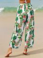 SHEIN Swim Vcay Women'S Plant Print Kimono Cardigan With Long Pants