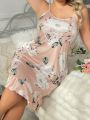 Plus Size Women's Floral Print Spaghetti Strap Nightgown With Ruffle Hem Design