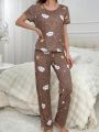 Cartoon Printed T-Shirt And Pants Sleepwear Set