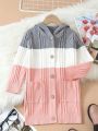 SHEIN Kids EVRYDAY Girls' Hooded Medium Long Cardigan Knitted Sweater Coat For Autumn And Winter, Vacation Style