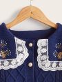 Young Girl Floral Embroidery Statement Collar Cable Knit Cardigan