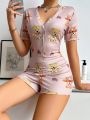 Women'S Short Sleeve Short Romper Pajamas With Teddy Bear Print