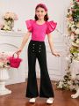 SHEIN Kids FANZEY Teen Girls' Elegant Long Decorative Button Detail Slim Fit Flare Pants