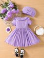 SHEIN Infant Girls' Casual Knitted Solid Color Butterfly Bow Decor Short Sleeve Dress With Ruffled Hem + Hat Set