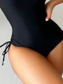 Ladies' Solid Color Ruffled Drawstring One-piece Swimsuit