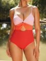 SHEIN Swim Vcay Ladies' One Piece Swimsuit With Color Block Design And Twist Knot Detail