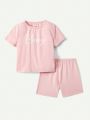 Cozy Cub Infant Girls' Letter Printed Round Neck Top And Shorts 4pcs/Set