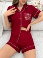 Lip Pattern Printed Pocket Short Sleeve Top And Shorts Pajama Set