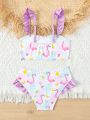 Young Girl Flamingo & Fruit Printed Swimsuit Set