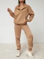 Solid Color Turn-down Collar Long Sleeve Top And Pants Two Piece Set For Women