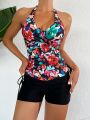 SHEIN Swim Classy Floral Print Cross Strap Halter Top Tankini