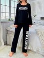 Women's Round Neck Letter Print Black Pajama Set